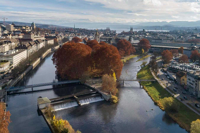 Die Zürcher Platzspitzwehr beim Zusammenfluss von Limmat und Sihl. | © Kanton Zürich
