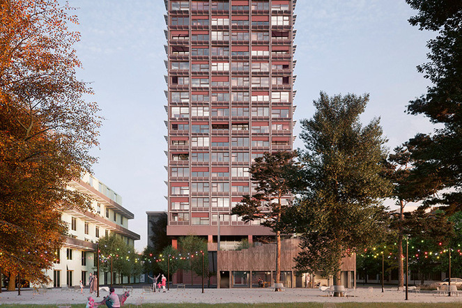 Für dieses Hochhaus im Regensdorfer Stadtquartier «Zwhatt» wurden Holzelemente mit einem Betonsockel mit Lehmfassade und einem Betonkern kombiniert. | © Grip Agency