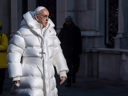 Das vielleicht berühmteste Deepfake-Bild bisher: Der Papst mit Daunenjacke, erstellt von Pablo Xavier mit Midjourney. | © Wikipedia