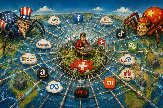 Gefangen im Netz der digitalen Supermächte. Wie kann die Schweiz mehr Kontrolle über ihre Daten und ihre digitalen Infrastrukturen gewinnen? | © ht
